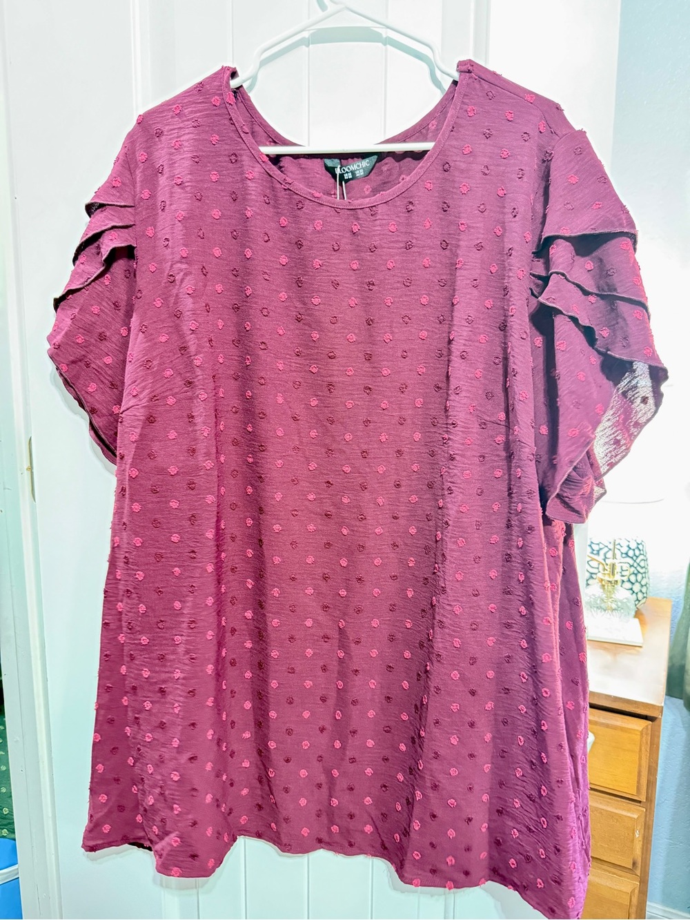 BloomChic Plum Swiss Dot Ruffle Sleeve Tunic
